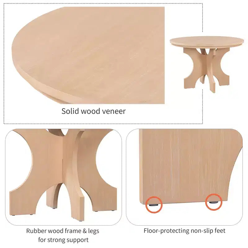 Ensemble table et chaises de salle à manger rondes de style campagnard, comprenant des chaises rembourrées et un banc incurvé.