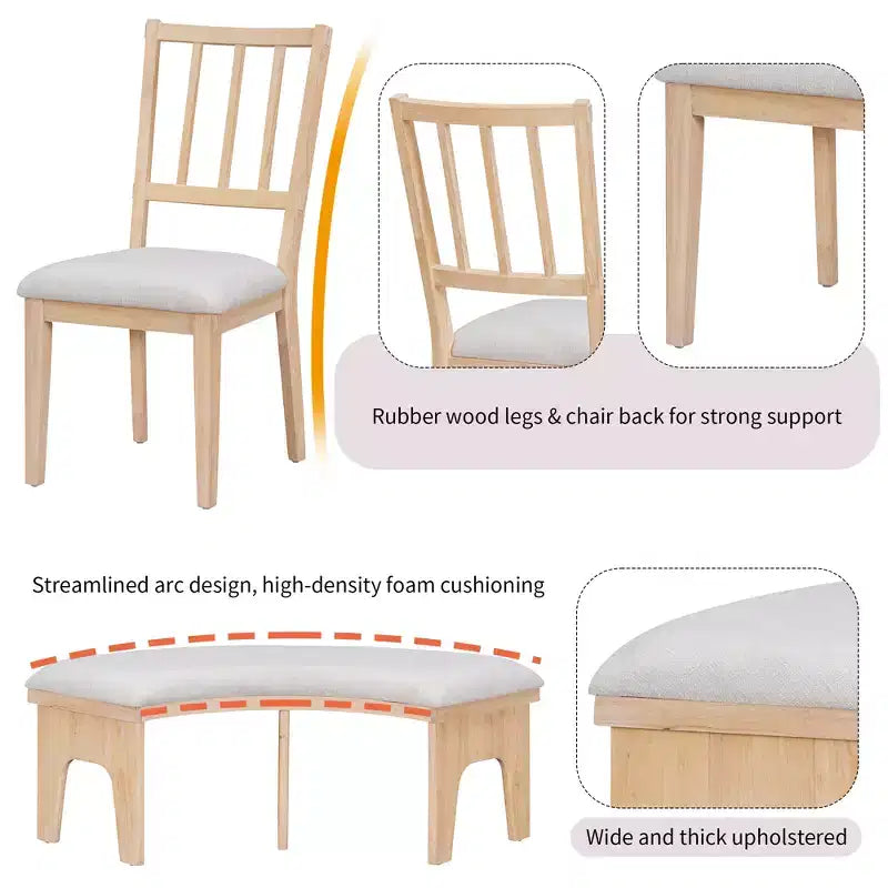 Ensemble table et chaises de salle à manger rondes de style campagnard, comprenant des chaises rembourrées et un banc incurvé.