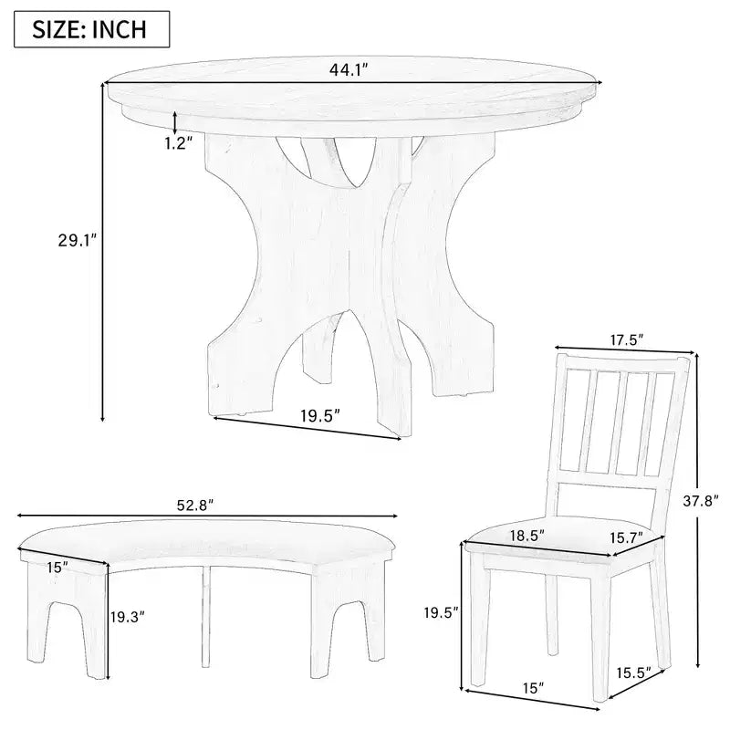 Ensemble table et chaises de salle à manger rondes de style campagnard, comprenant des chaises rembourrées et un banc incurvé.