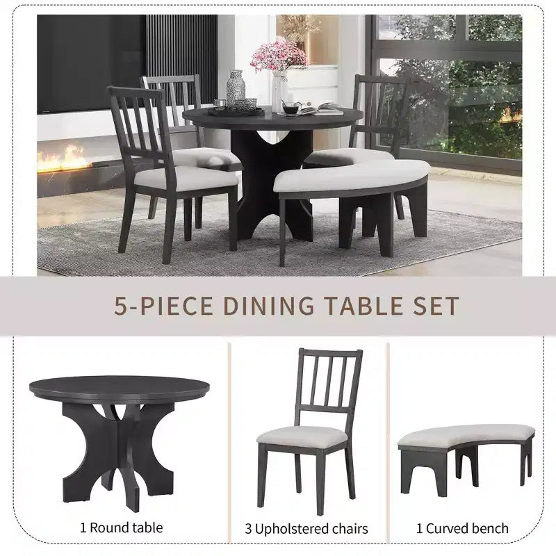 Ensemble table et chaises de salle à manger rondes de style campagnard, comprenant des chaises rembourrées et un banc incurvé.