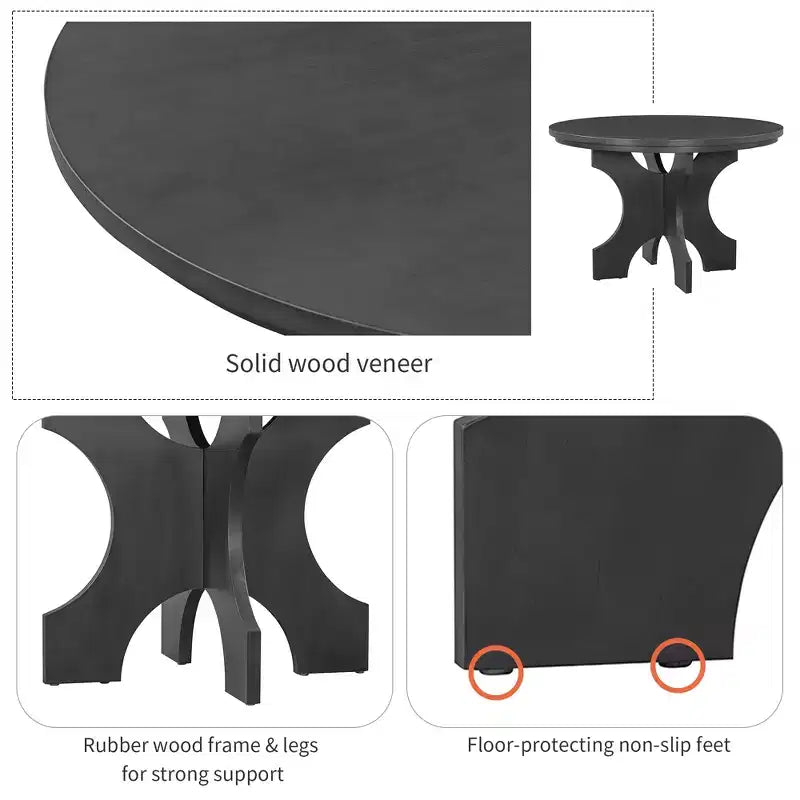 Ensemble table et chaises de salle à manger rondes de style campagnard, comprenant des chaises rembourrées et un banc incurvé.