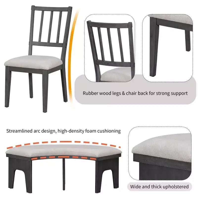 Ensemble table et chaises de salle à manger rondes de style campagnard, comprenant des chaises rembourrées et un banc incurvé.