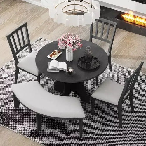 GDFStudio Agnes 5 Piece Rustic Round Dining Set with Upholstered Chairs and Curved Bench