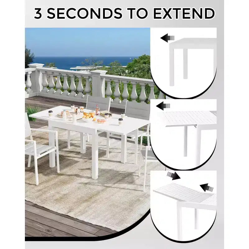 Table de patio extensible en aluminium, convenant pour 4 à 6 personnes.