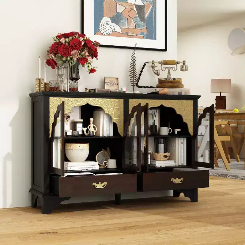 Bahut de luxe vintage : finition noire et marron, décorations gravées or + portes vitrées
