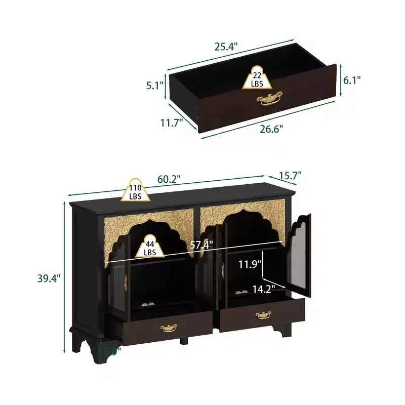 Bahut de luxe vintage : finition noire et marron, décorations gravées or + portes vitrées