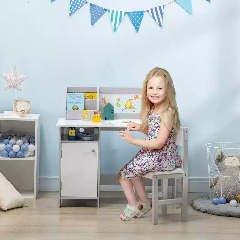 Ensemble bureau et chaise pour enfants, bureau d'écriture pour enfants avec plateau en tableau blanc et meuble de rangement