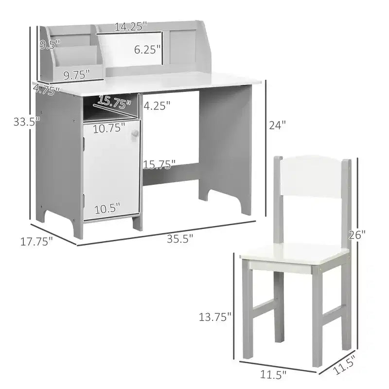 Ensemble bureau et chaise pour enfants, bureau d'écriture pour enfants avec plateau en tableau blanc et meuble de rangement