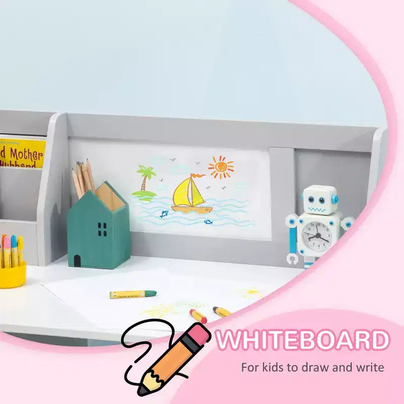 Ensemble bureau et chaise pour enfants, bureau d'écriture pour enfants avec plateau en tableau blanc et meuble de rangement