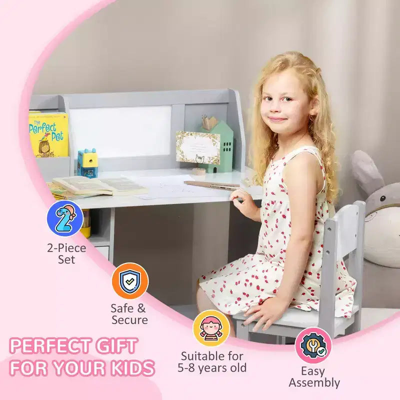 Ensemble bureau et chaise pour enfants, bureau d'écriture pour enfants avec plateau en tableau blanc et meuble de rangement