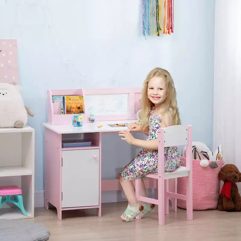 Ensemble bureau et chaise pour enfants, bureau d'écriture pour enfants avec plateau en tableau blanc et meuble de rangement