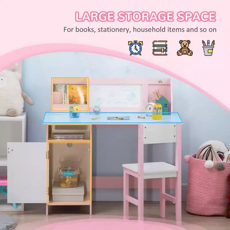 Ensemble bureau et chaise pour enfants, bureau d'écriture pour enfants avec plateau en tableau blanc et meuble de rangement