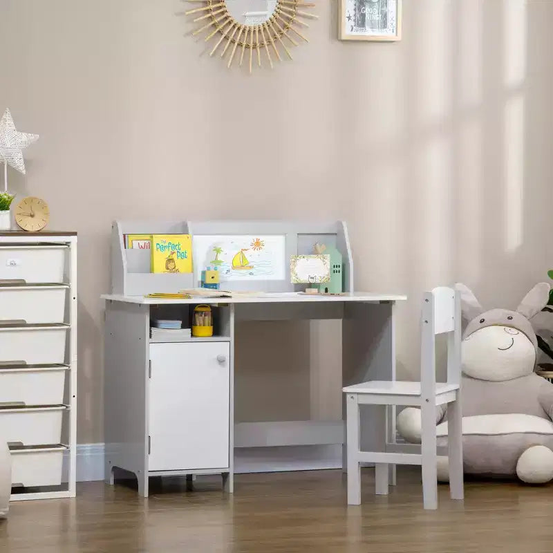 Ensemble bureau et chaise pour enfants, bureau d'écriture pour enfants avec plateau en tableau blanc et meuble de rangement