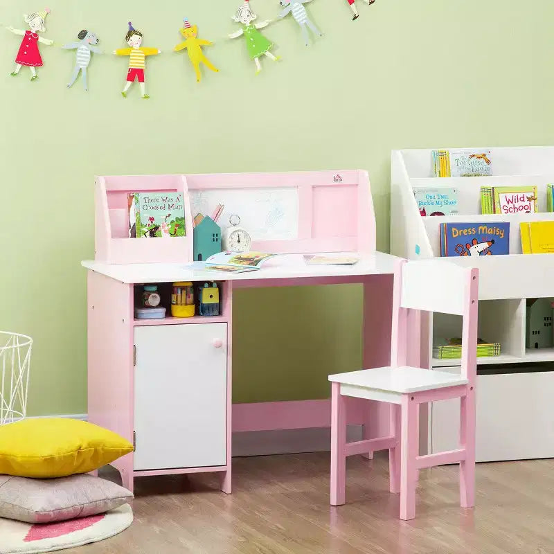 TUYOHW Toddler Desk and Chair Set,Kids Writing Desk with Whiteboard Top,Storage Cabinet,Children Study Table for Writing,Reading,Learning