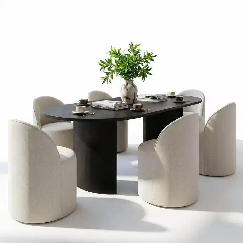 Ensemble table et 6 chaises de restaurant, table ovale, chaises baquets tapissées de lin