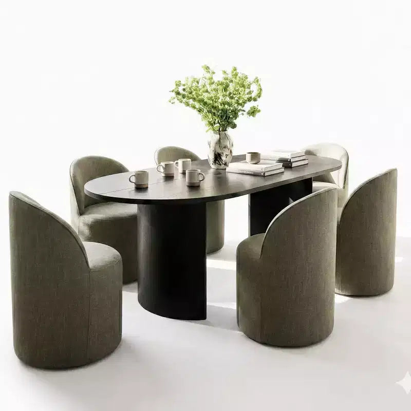 Ensemble table et 6 chaises de restaurant, table ovale, chaises baquets tapissées de lin