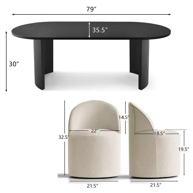 Ensemble table et 6 chaises de restaurant, table ovale, chaises baquets tapissées de lin