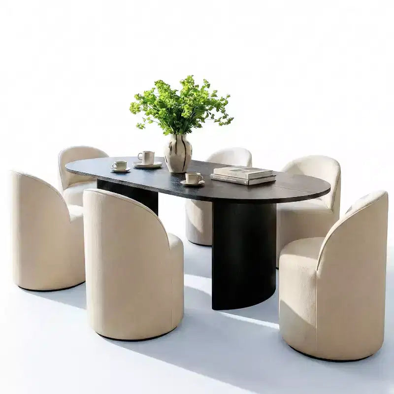Ensemble table et 6 chaises de restaurant, table ovale, chaises baquets tapissées de lin
