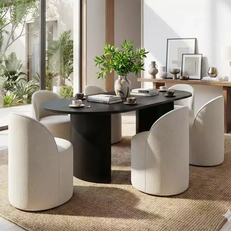 Ensemble table et 6 chaises de restaurant, table ovale, chaises baquets tapissées de lin