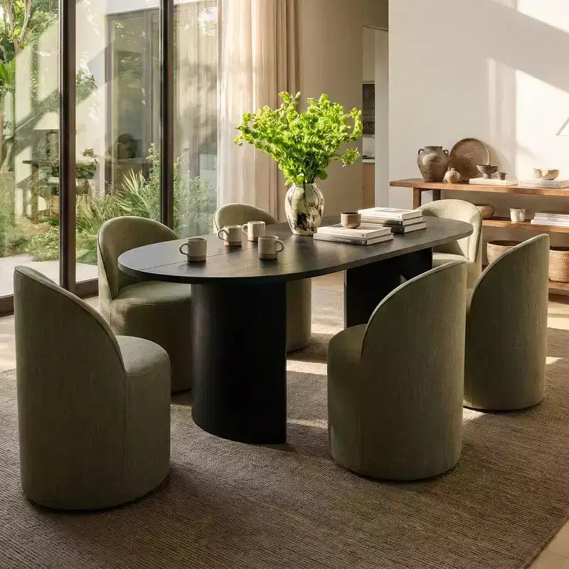 Ensemble table et 6 chaises de restaurant, table ovale, chaises baquets tapissées de lin