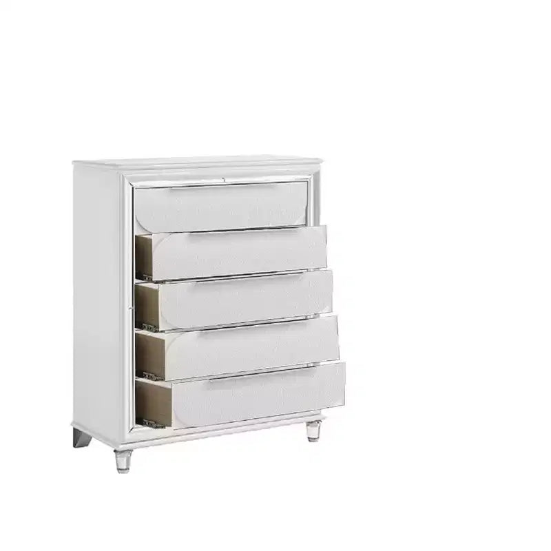 Meuble de rangement décoratif à tiroirs, finition blanc perle : meuble à 5 tiroirs, bois composite, aucun assemblage requis.
