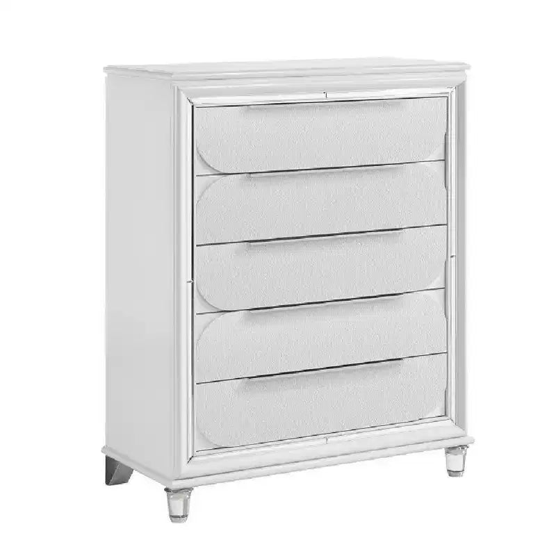 Meuble de rangement décoratif à tiroirs, finition blanc perle : meuble à 5 tiroirs, bois composite, aucun assemblage requis.
