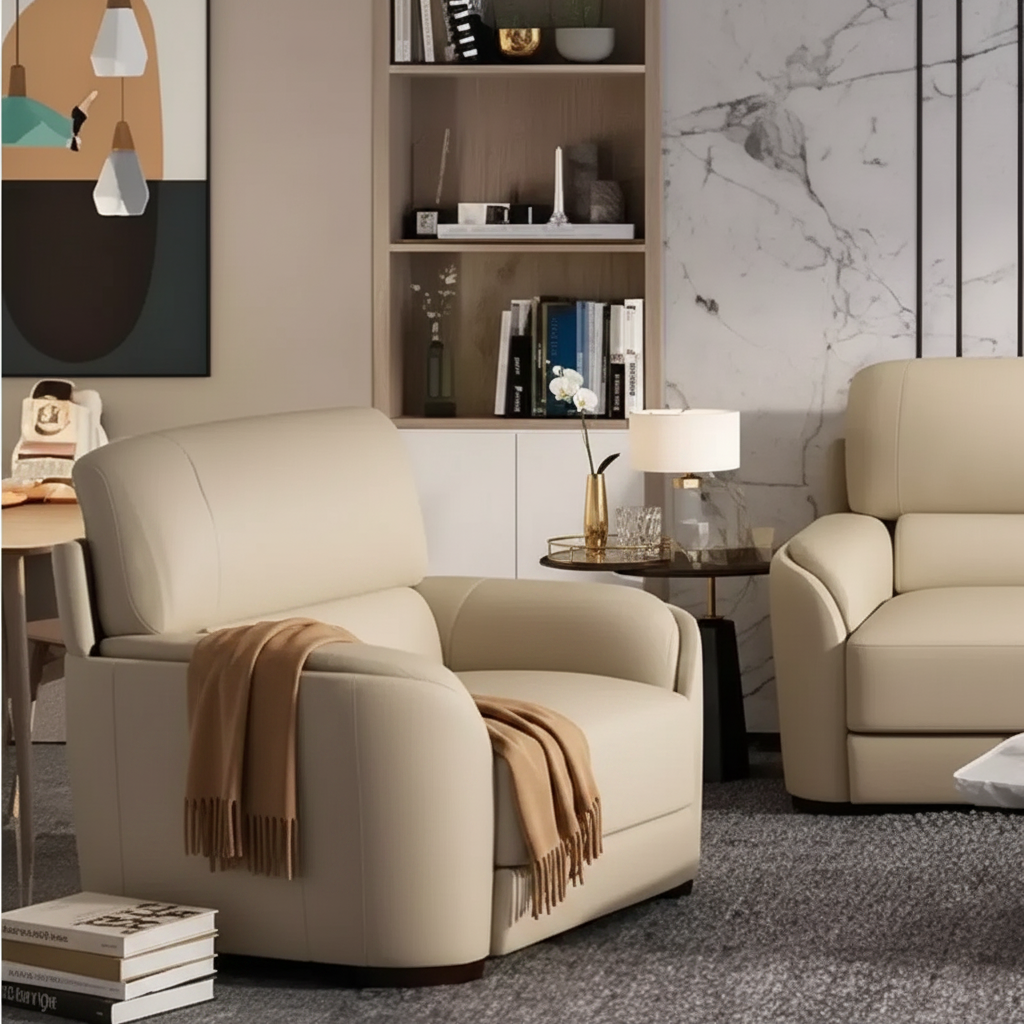 Fauteuil, cuir de vachette pleine fleur gris glace : aucun assemblage requis, cadre en bois, coussin de siège fixe.