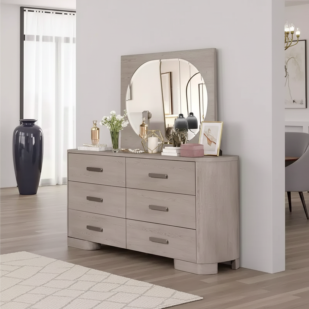 Miroir Royal Hampton, bords biseautés arrondis, en chêne blanc et bois d'hévéa.
