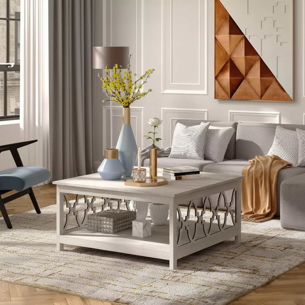 Table basse carrée avec étagères de rangement, couleur chêne gris-brun