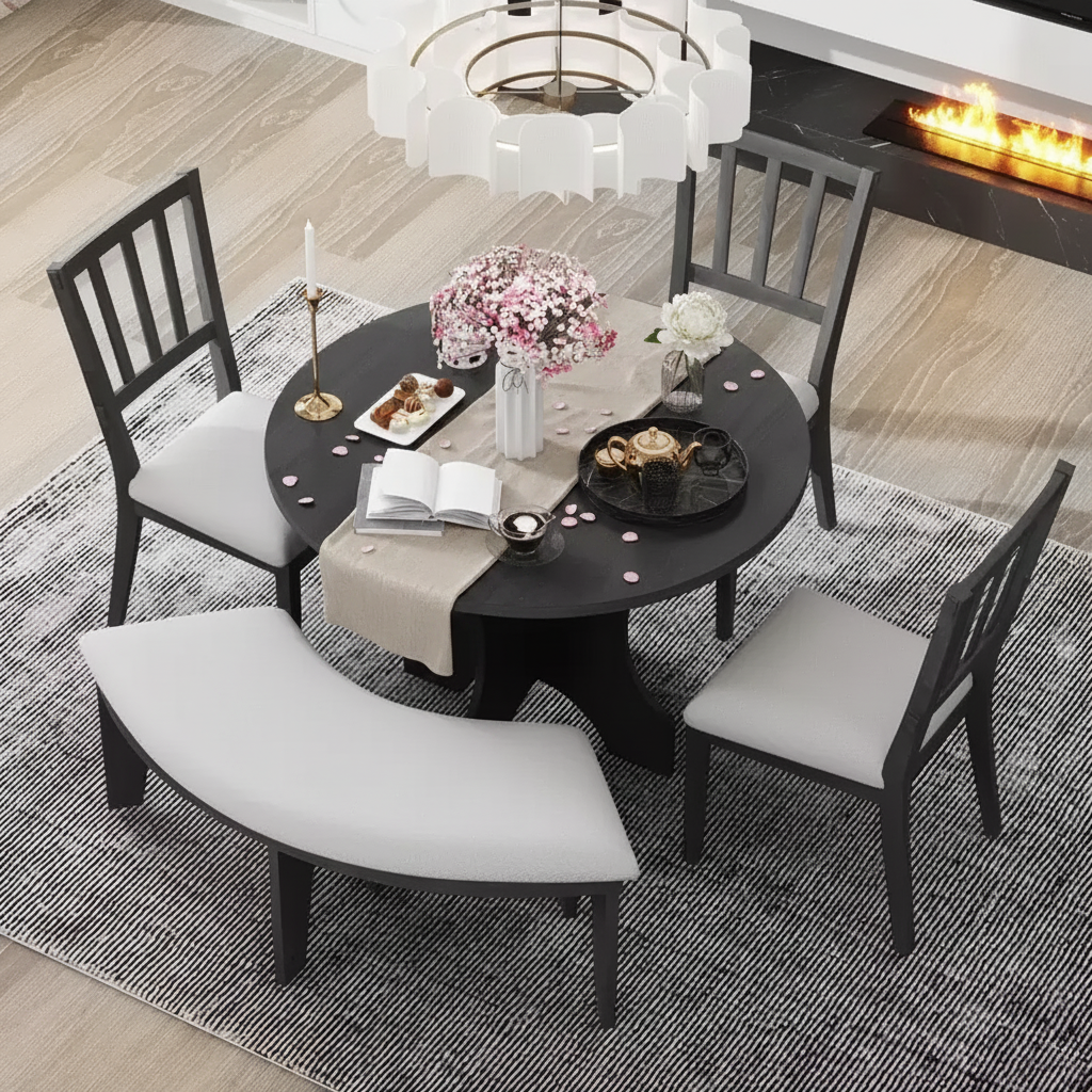 Ensemble table et chaises de salle à manger rondes de style campagnard, comprenant des chaises rembourrées et un banc incurvé.