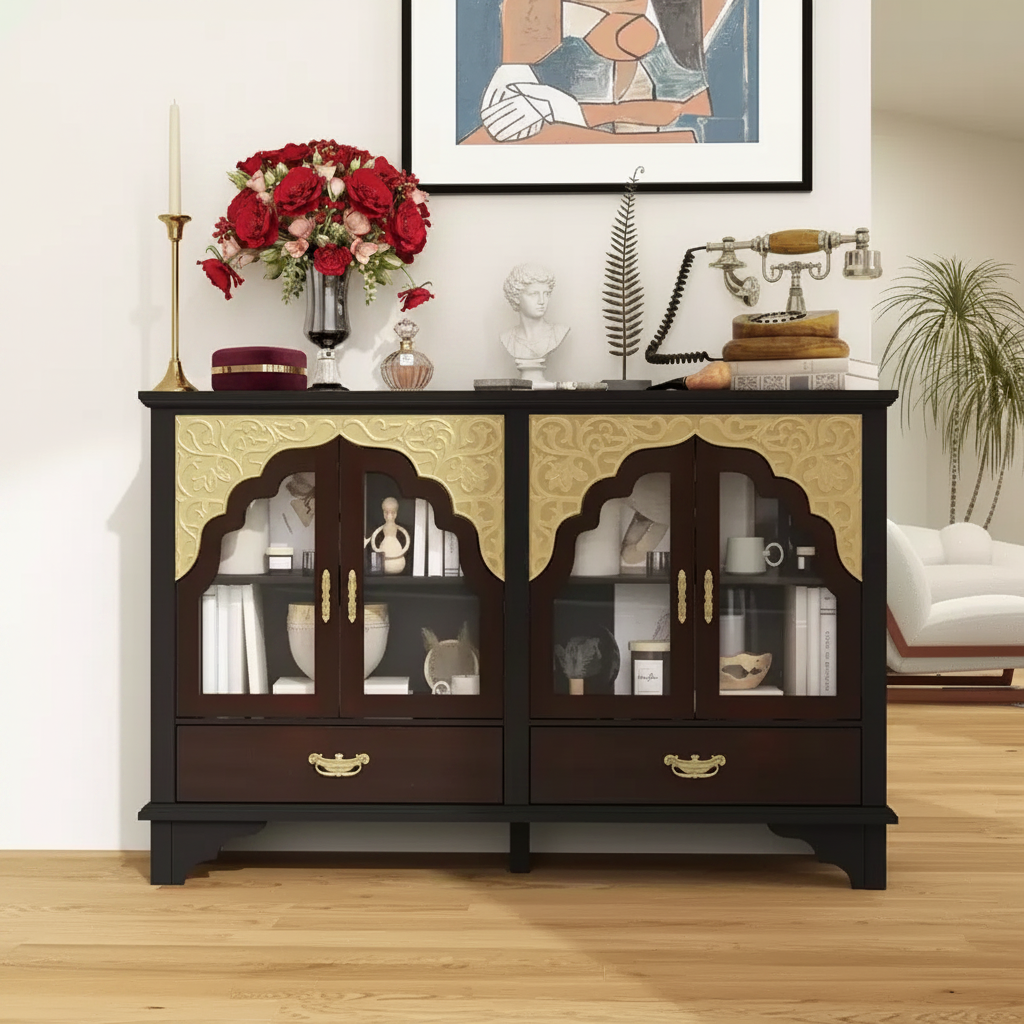 Bahut de luxe vintage : finition noire et marron, décorations gravées or + portes vitrées