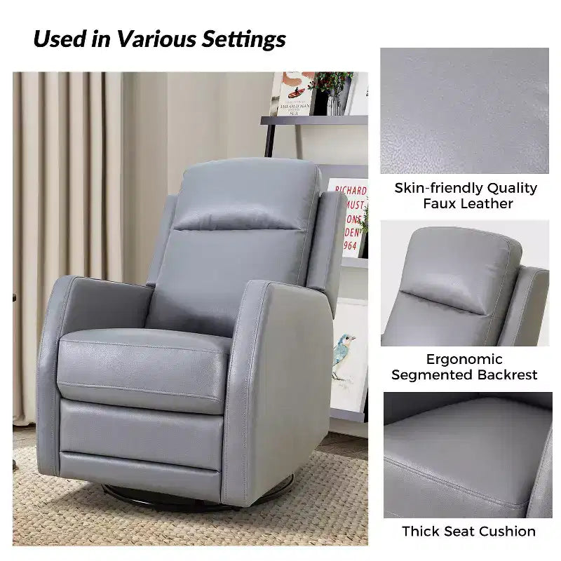 Fauteuil pivotant inclinable en bois rembourré avec dossier à oreilles, adapté aux chambres et aux salons.