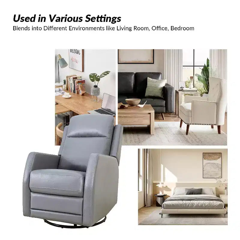 Fauteuil pivotant inclinable en bois rembourré avec dossier à oreilles, adapté aux chambres et aux salons.