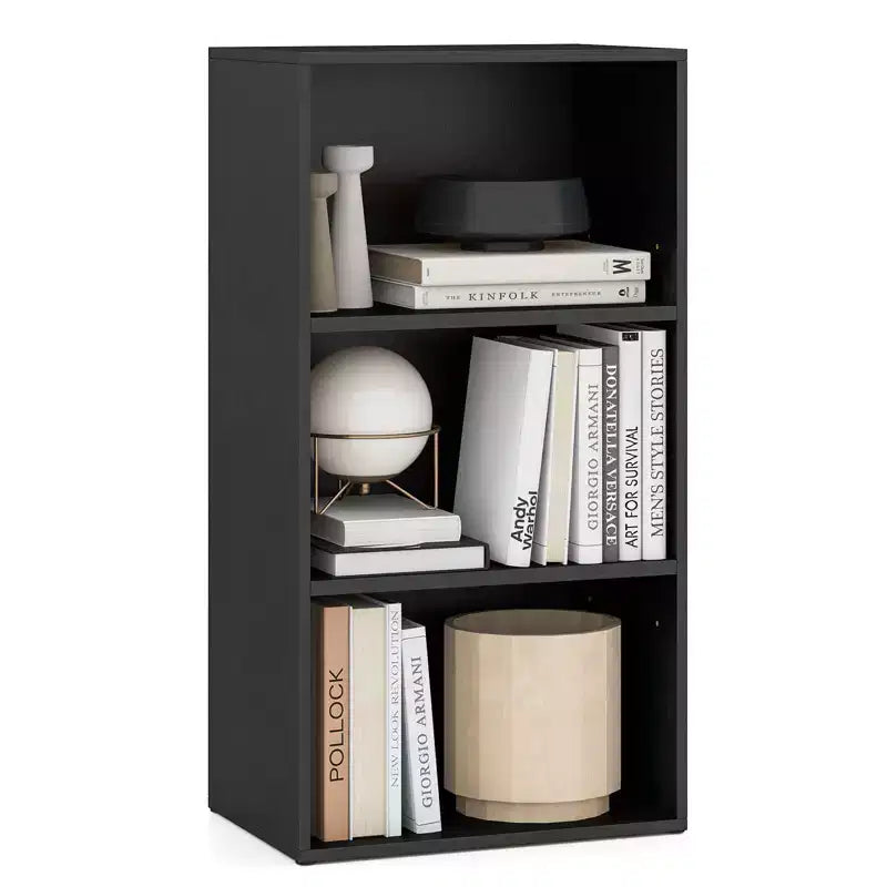 Bibliothèque ouverte à trois niveaux, meuble de rangement et de présentation multifonctionnel moderne, en bois de noyer noir.