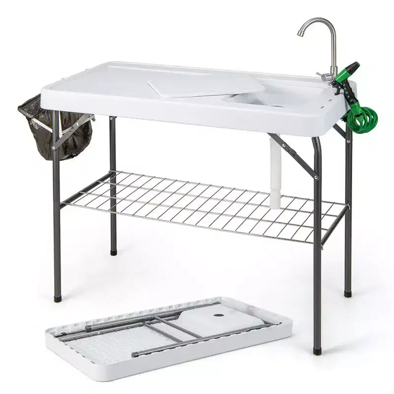 Station de transformation de poisson pliable, plateforme de camping portable, support grillagé avec robinet et tuyau