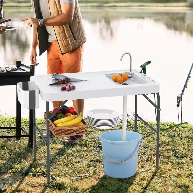 Station de transformation de poisson pliable, plateforme de camping portable, support grillagé avec robinet et tuyau