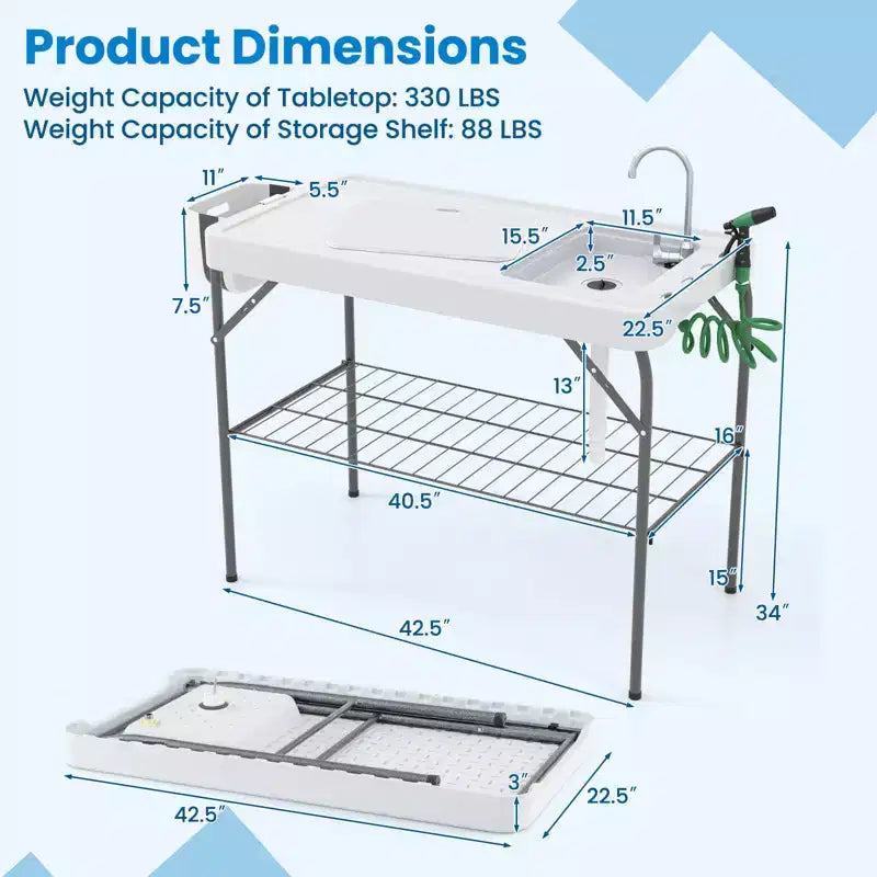 Station de transformation de poisson pliable, plateforme de camping portable, support grillagé avec robinet et tuyau