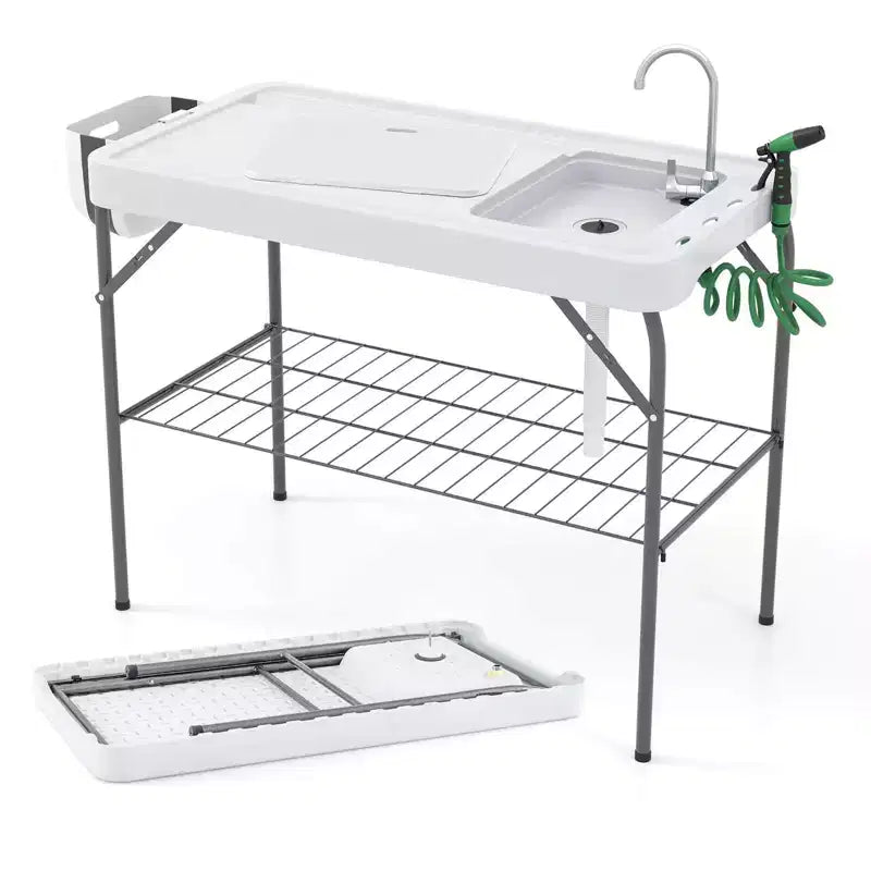 Station de transformation de poisson pliable, plateforme de camping portable, support grillagé avec robinet et tuyau