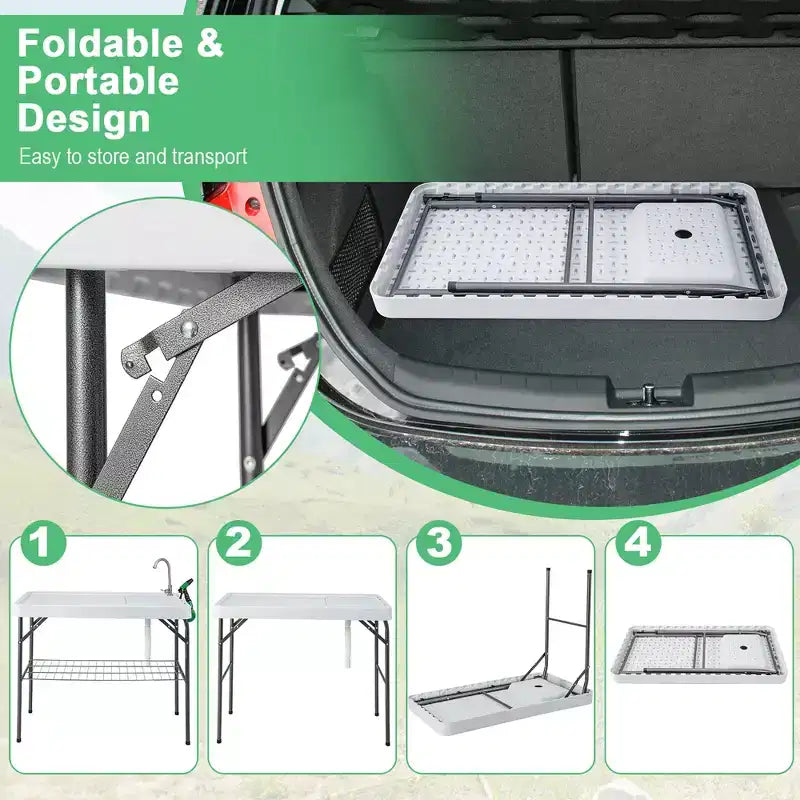 Station de transformation de poisson pliable, plateforme de camping portable, support grillagé avec robinet et tuyau