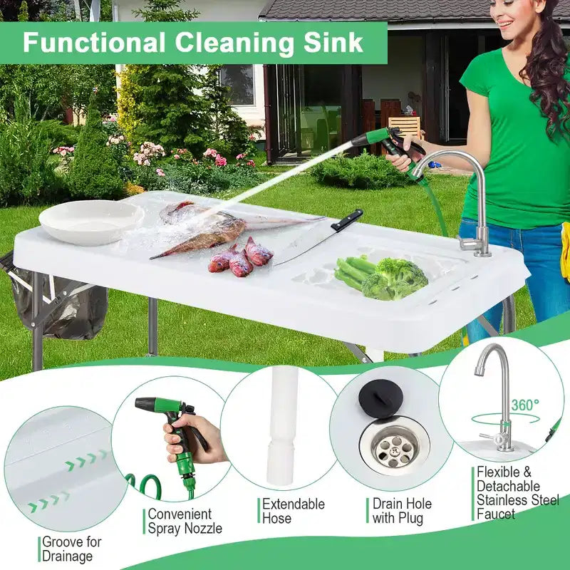 Station de transformation de poisson pliable, plateforme de camping portable, support grillagé avec robinet et tuyau