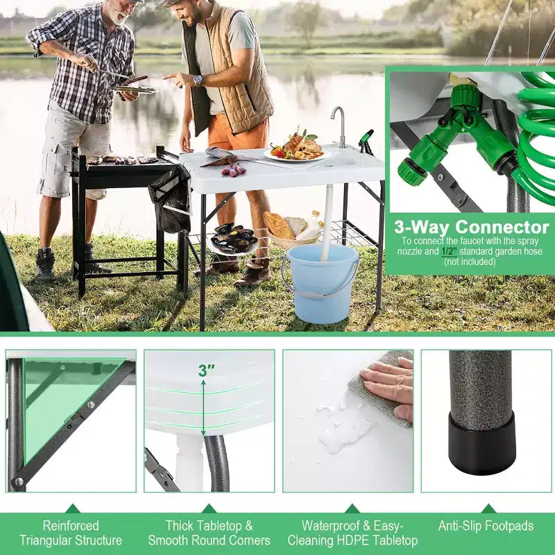 Station de transformation de poisson pliable, plateforme de camping portable, support grillagé avec robinet et tuyau