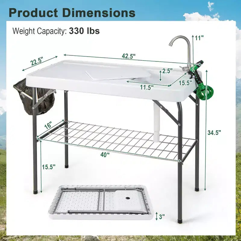 Station de transformation de poisson pliable, plateforme de camping portable, support grillagé avec robinet et tuyau