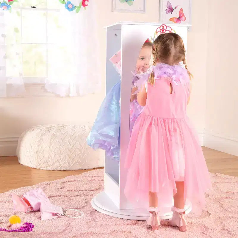 Centre de Rangement et Habillage Rotatif pour Enfants : Portants à vêtements avec miroirs et étagères, organisateurs de garde-robe pour salles de jeux et chambres.