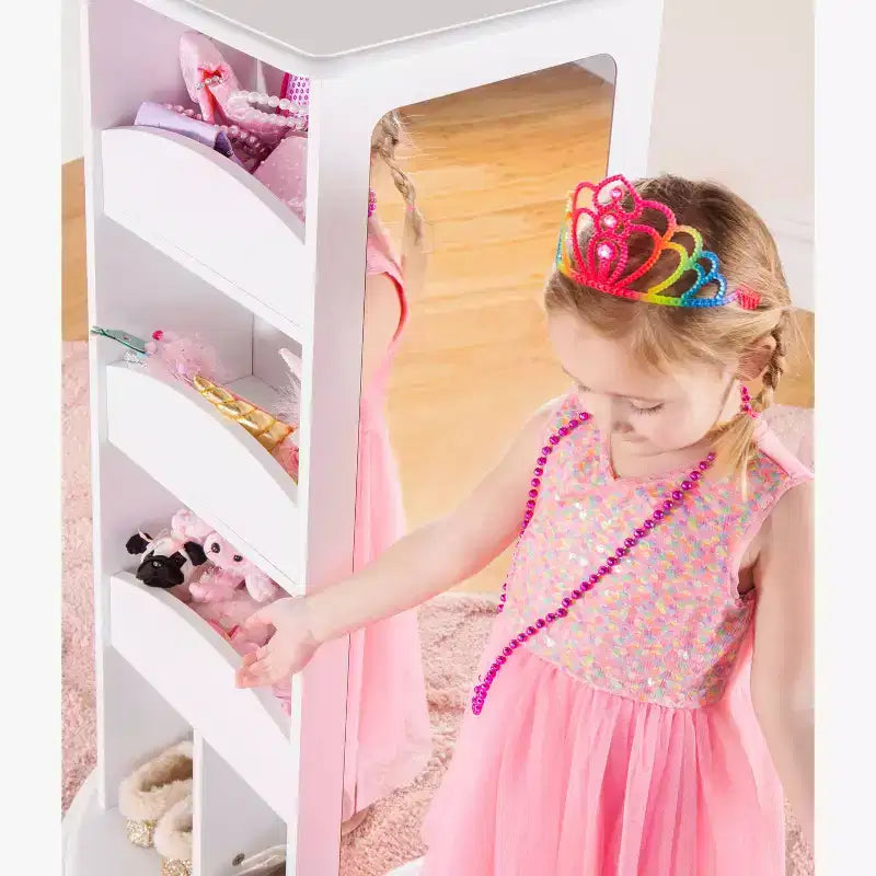 Centre de Rangement et Habillage Rotatif pour Enfants : Portants à vêtements avec miroirs et étagères, organisateurs de garde-robe pour salles de jeux et chambres.
