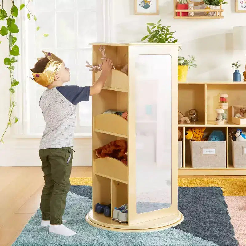 Centre de Rangement et Habillage Rotatif pour Enfants : Portants à vêtements avec miroirs et étagères, organisateurs de garde-robe pour salles de jeux et chambres.