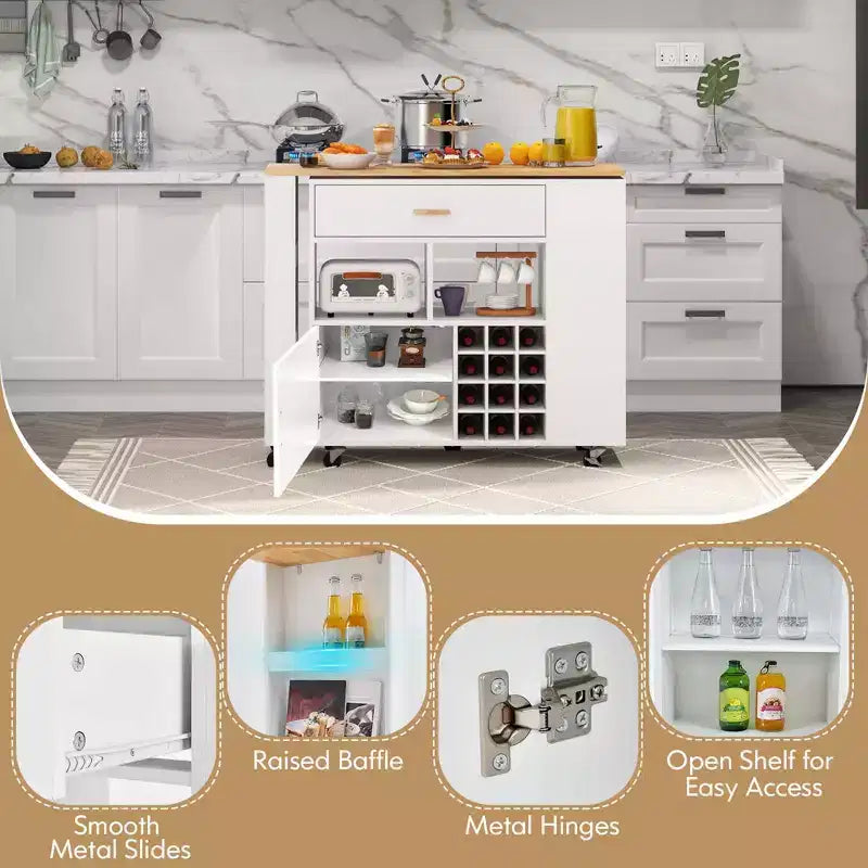 Desserte de cuisine pliable, multi-fonctions, avec casier à vin