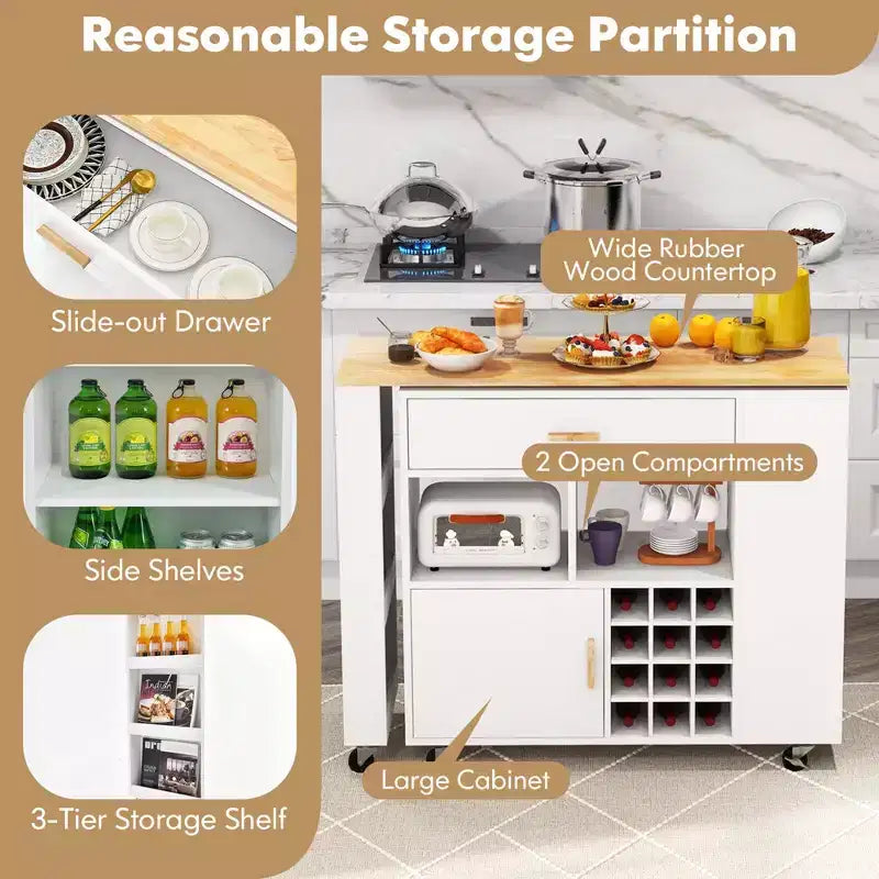 Desserte de cuisine pliable, multi-fonctions, avec casier à vin