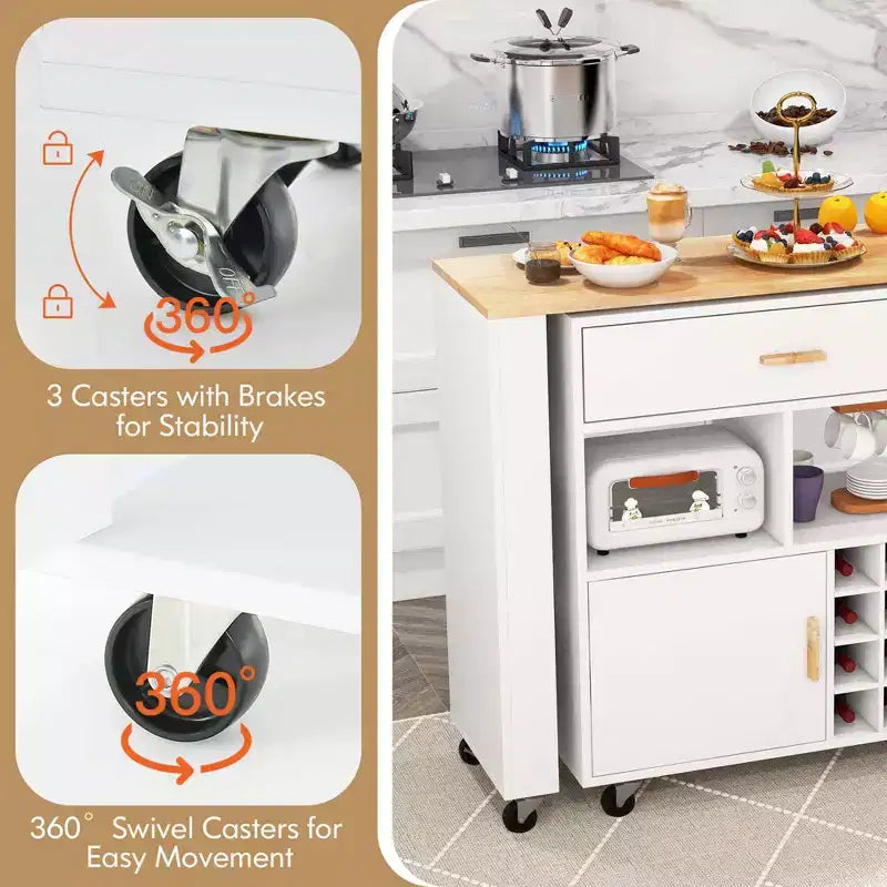 Desserte de cuisine pliable, multi-fonctions, avec casier à vin