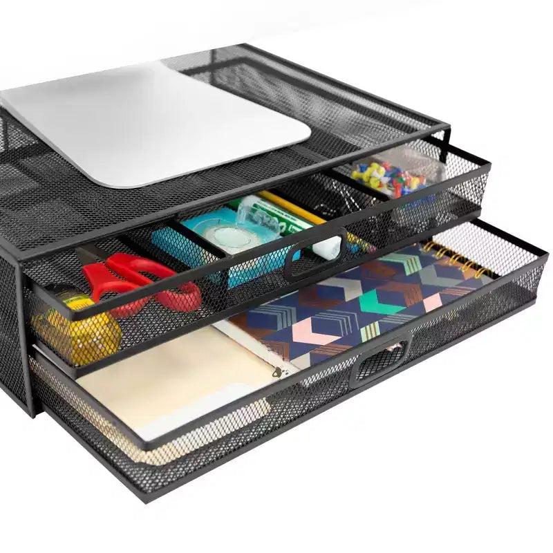 Support d'écran d'ordinateur avec tiroirs, cadre en maille métallique, adapté aux ordinateurs portables et de bureau, étagère de rangement de bureau avec deux tiroirs de rangement coulissants.