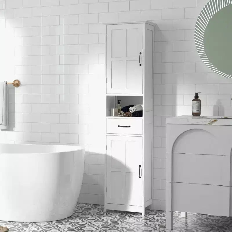 Meuble de rangement de salle de bain ultra-mince, meuble-lavabo haut avec étagères ouvertes, tiroirs et portes d'armoire intégrées.